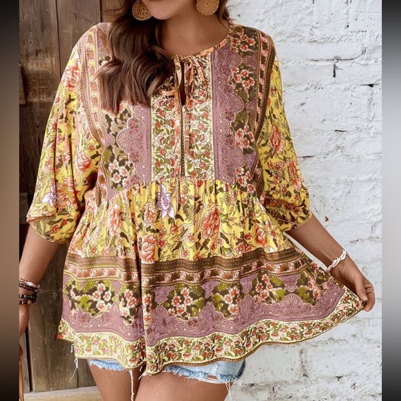 Boho plus size floral print tie neck blouse - Picture 1 of 5